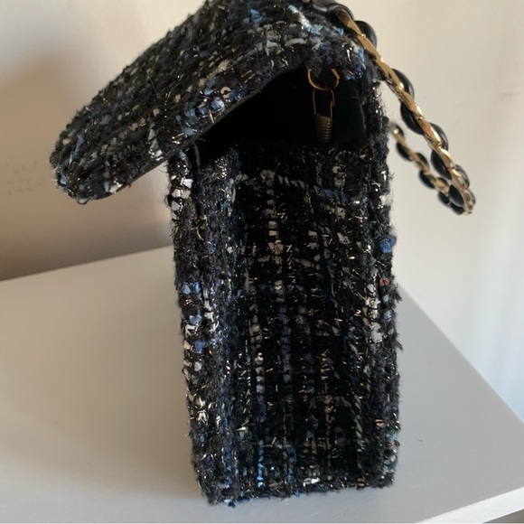 Mini Tweed Blue Black White Fabric Gold Chain Link Shoulder Handbag - Picture 9 of 14